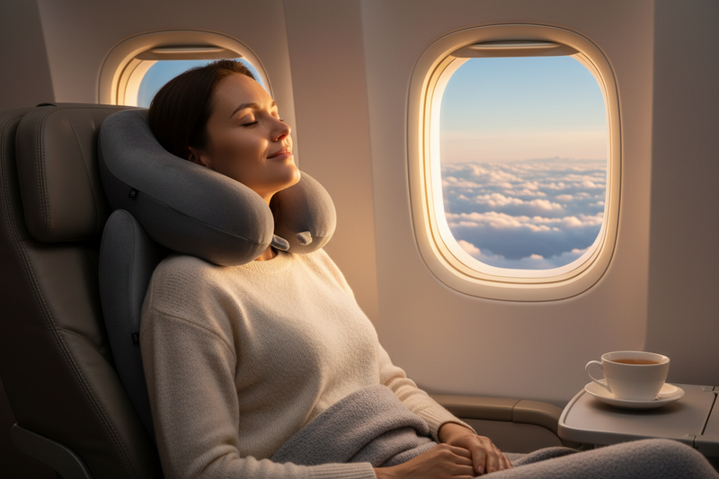 Traveler with Comfort Travel Cushion on Plane